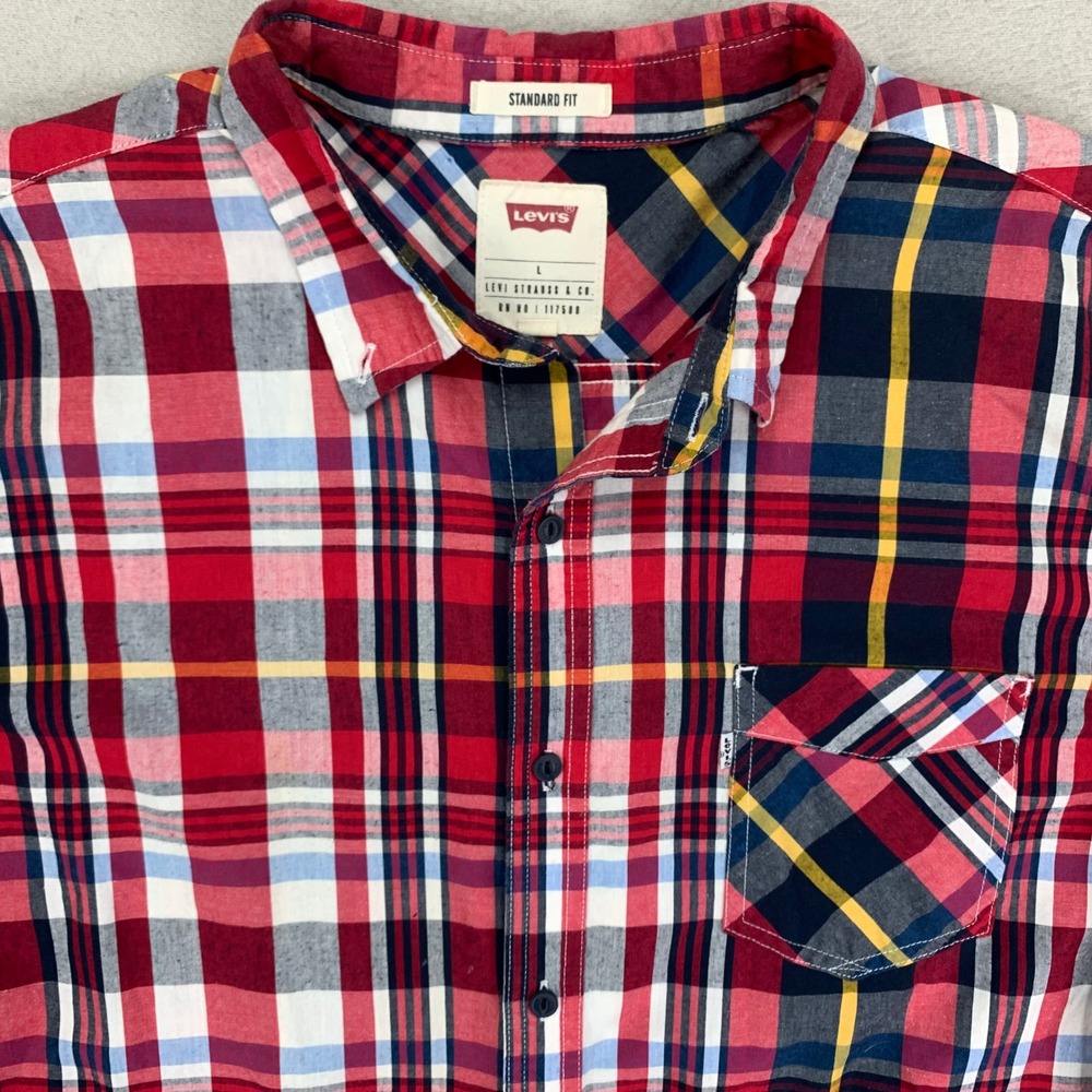 Levi's Shirt Mens Large Red Plaid Long Sleeve Cotton Long Sleeve Button‎ Down